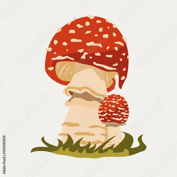 Fototapeta Red toadstools with white dots growing in grass. For fairy tale themes, kids prints, forest decor, or autumn cards.