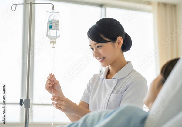 Obraz 患者に点滴を行なう白衣の日本人女性看護師