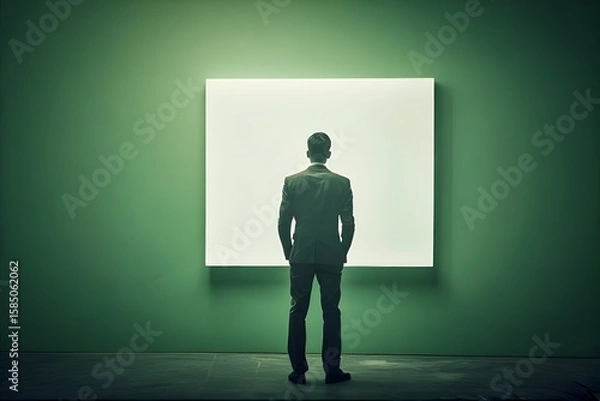 Fototapeta  ia generated. Man in suit staring at glowing square in a green wall

