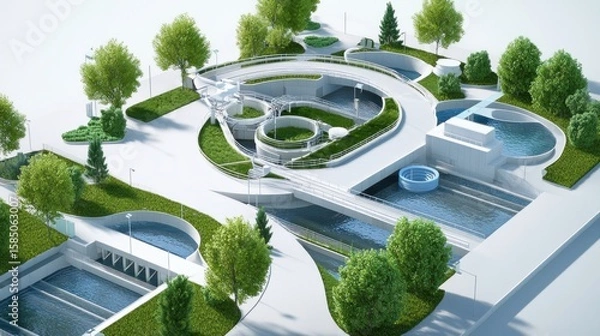 Fototapeta Overhead view of a modern, sustainable water treatment facility. Lush green landscaping surrounds curving pathways and structures.  Blue water flows through underground channels
