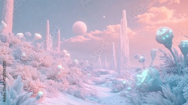 Fototapeta Pastel alien landscape with glowing flora.  Soft, otherworldly scene of a snow-like path through a surreal plant life