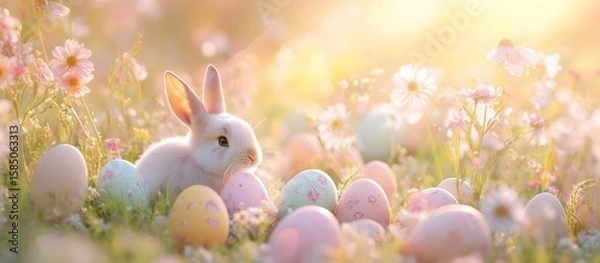 Fototapeta Pastel Easter scene with a baby bunny and eggs in a meadow