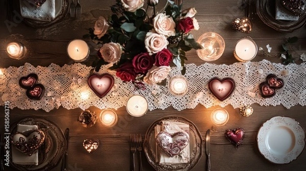 Fototapeta Romantic dinner table setting with candles, roses, and heart-shaped decor