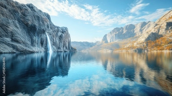 Fototapeta Serene lake, reflecting mountains and waterfall in autumn