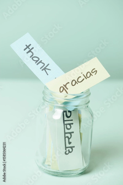 Fototapeta Thank you day, word thanks in different languages, being thankful, support, help and charity concept
