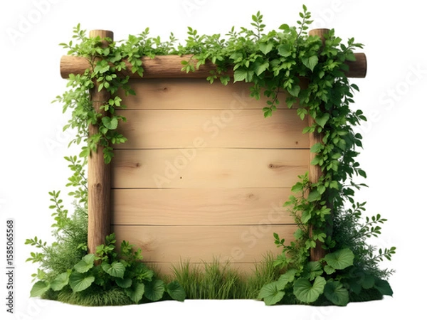 Fototapeta Large Natural Light Brown Wooden Signboard Framed by Lush Green Vines and Foliage on Wooden Posts isolated on a transparent background