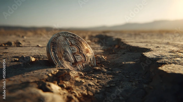 Fototapeta Bitcoin in the Desert: A Cryptocurrency's Uncertain Future