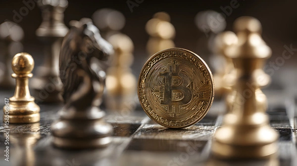Fototapeta Bitcoin and Chess: A Strategic Game of Finance and Investment