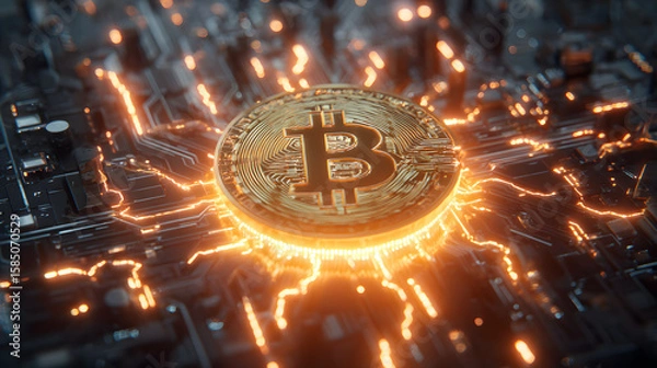 Fototapeta Glowing Bitcoin on Circuit Board: Digital Currency and Cryptocurrency