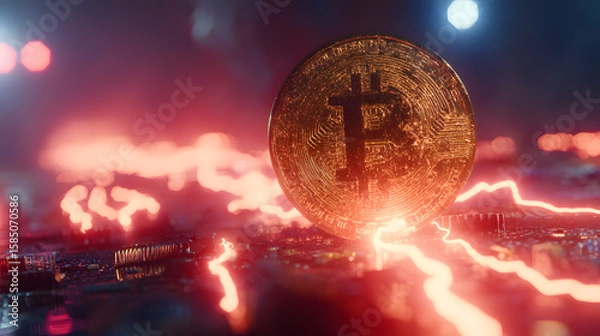 Fototapeta Bitcoin on Circuit Board: Digital Currency in a Futuristic Setting