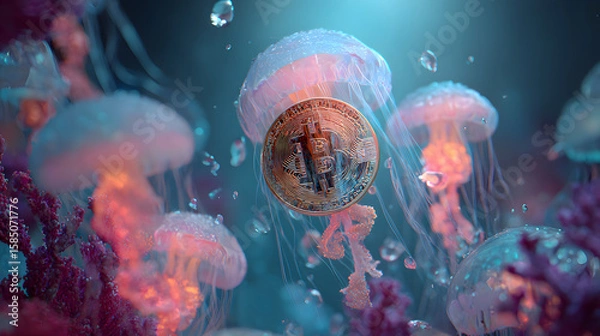 Fototapeta Bitcoin in the Deep: Cryptocurrency and Jellyfish in Underwater Scene