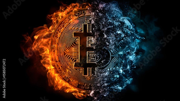 Fototapeta Bitcoin in Fire and Ice: A Cryptocurrency's Volatility