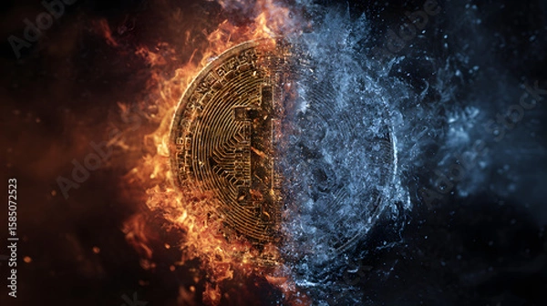 Fototapeta Bitcoin in flames and ice: Volatility and the future of cryptocurrency