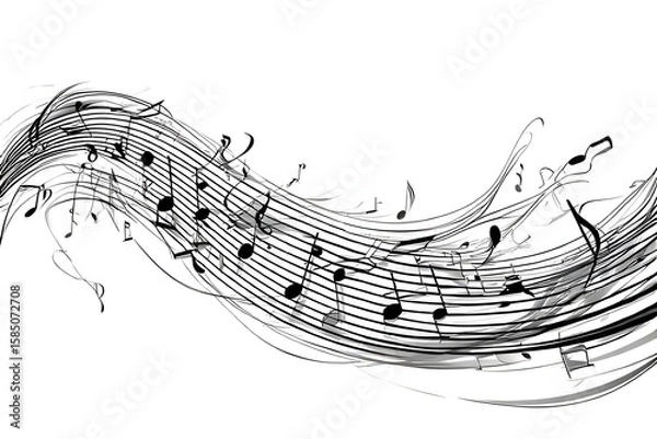 Fototapeta ia generated. Artistic design with swirling musical notes on white background, perfect for music, creativity, or editorial design themes.
