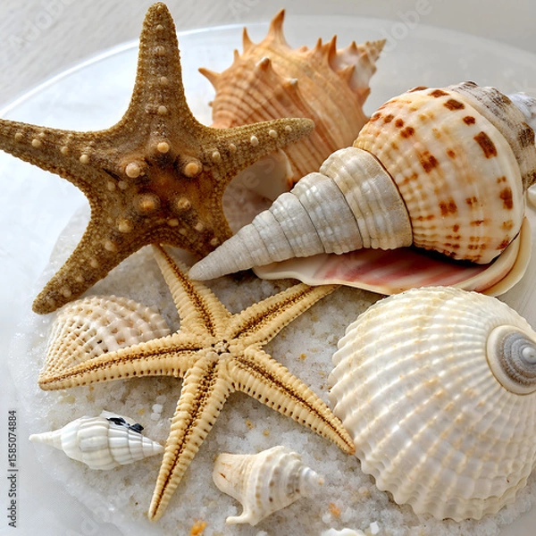 Fototapeta Assorted starfish and seashells arranged on sand, ideal for beach, summer, and marine designs.