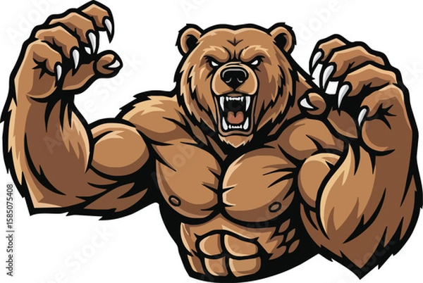 Fototapeta A muscular bear with an aggressive expression, displaying its claws and teeth.