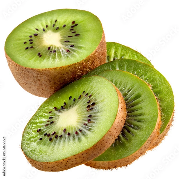 Fototapeta Sliced kiwi fruit with vibrant green flesh and seeds, isolated on white background.