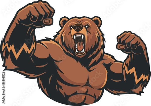 Fototapeta A powerful brown bear displaying its strength, roaring with clenched fists raised.