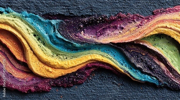Fototapeta Abstract acrylic paint pour creating flowing lines and wave patterns in vivid colors over a textured black canvas