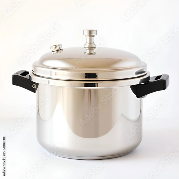 Obraz A stainless steel pressure cooker with black handles isolated on a transparent background