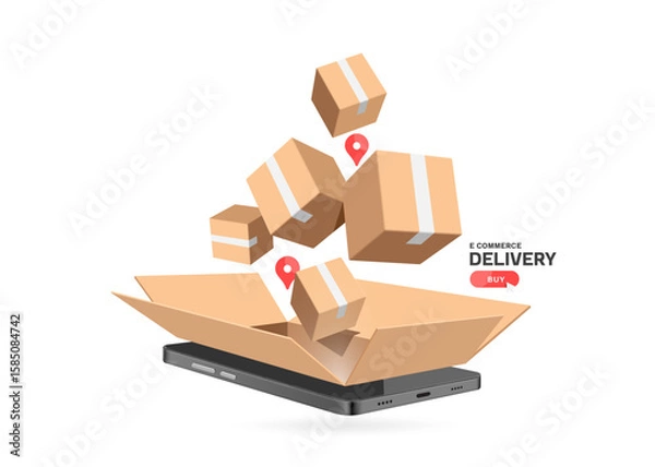 Fototapeta parcel boxes or cardboard boxes are floating in mid-air with pins indicating delivery location to customers, all on smartphone screen, vector 3d isolated for e commerce, delivery, online shopping