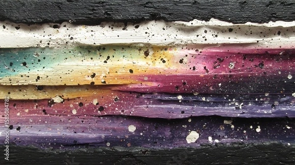 Fototapeta Dynamic strip painting with streaked acrylics across a grainy black backdrop with visible brush relief