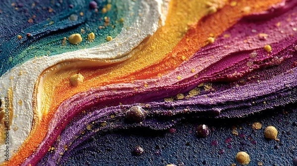 Fototapeta Vivid color pours forming ribbon waves and paint blots on a coarse dark canvas with textured detail