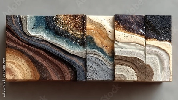 Fototapeta Color pour effect in strip wave format blending onto rough canvas surface in dark neutral tones