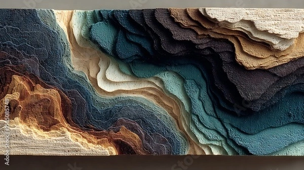 Fototapeta Color pour effect in strip wave format blending onto rough canvas surface in dark neutral tones