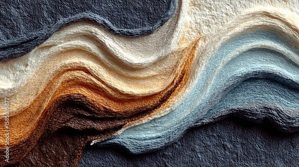 Fototapeta Color pour effect in strip wave format blending onto rough canvas surface in dark neutral tones