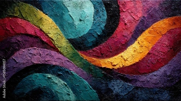 Fototapeta Bright painted stripes flowing in curved patterns with acrylic textures on canvas with grungy black setting