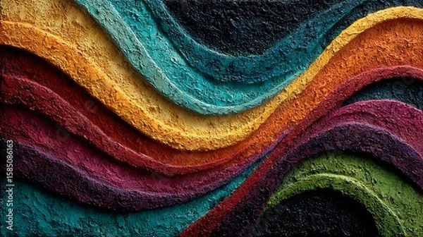 Fototapeta Bright painted stripes flowing in curved patterns with acrylic textures on canvas with grungy black setting