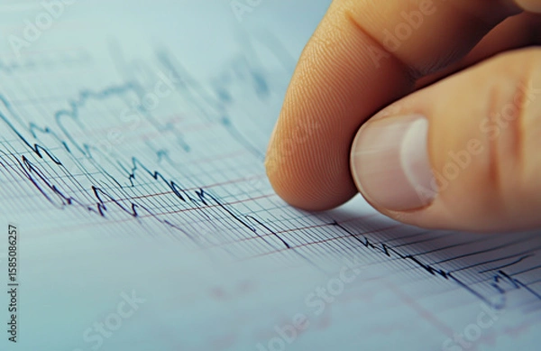 Fototapeta Technologists hand pointing to a ECG Graph quality, and lean value graphics on a ECG graph paper . Medical investigation and graph technology concept