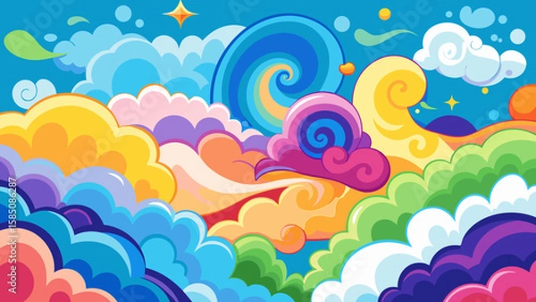 Fototapeta Vector art of a fantastical sky featuring a swirling blue and pink cloud formation amidst a vibrant landscape of colorful abstract clouds