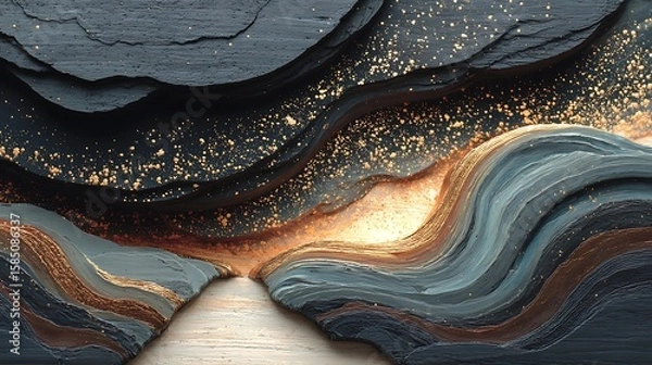 Fototapeta Curving lines and waves created with freeform acrylic pour on thick dark wall with tactile surface