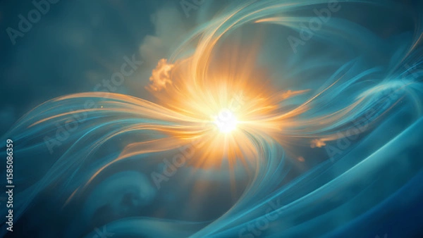 Fototapeta Bright, glowing blue and orange fractal design with stars, shining like a sun explosion in the abstract sky