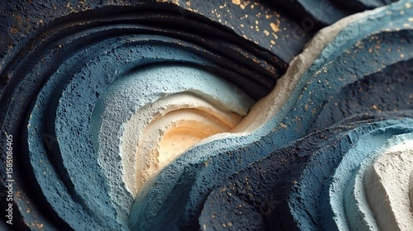 Fototapeta Curving lines and waves created with freeform acrylic pour on thick dark wall with tactile surface
