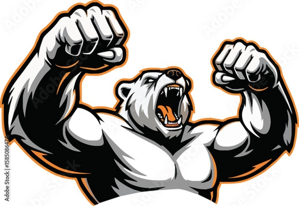 Fototapeta A powerful, roaring polar bear flexes its massive muscles, displaying strength and aggression.