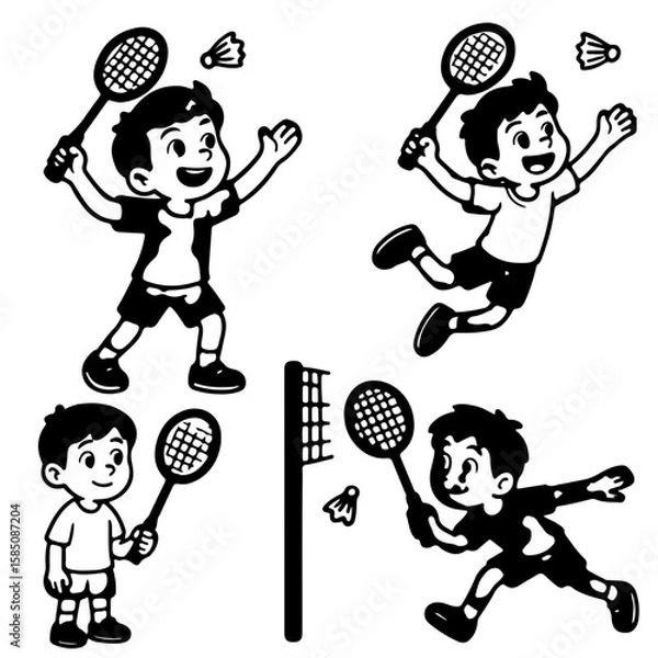 Fototapeta Energetic Boy Badminton Players Cartoon Illustration of Badminton Action with Shuttlecocks and Nets, Ideal for Sports-themed Designs