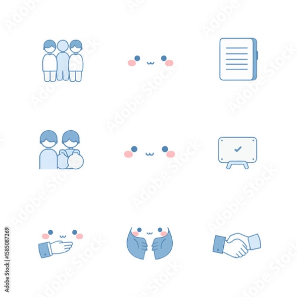 Fototapeta Delicate Business Icon Set Emoticons, Documents, Handshakes, and Groups in Light Blue on White