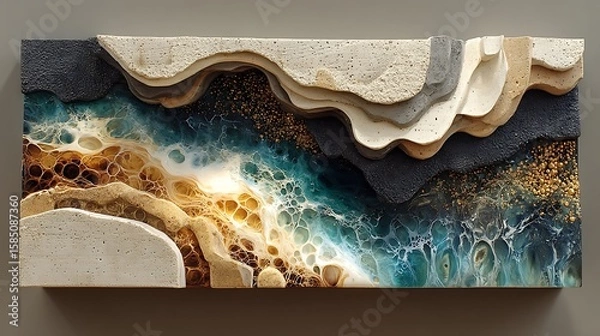 Fototapeta Raw textured art with poured acrylic forms in line waves and blot segments over dark neutral tone wall