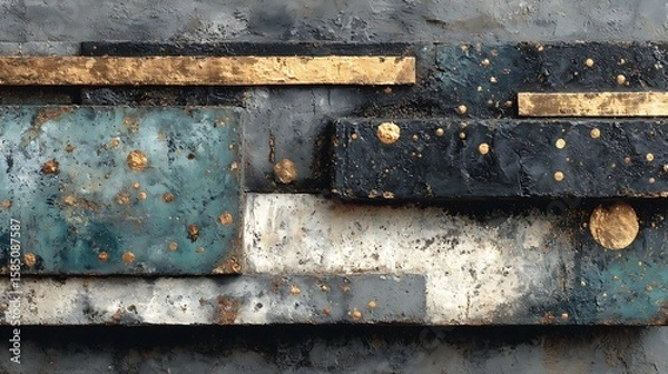 Fototapeta Mixed media abstract using thick acrylic lines over black relief surface with visible grunge patterns