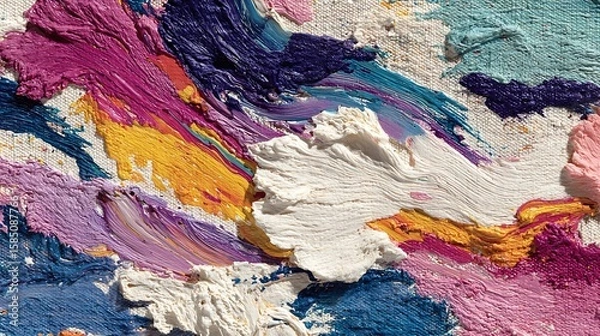 Fototapeta Bright streaks of paint winding over faded canvas background in abstract acrylic movement composition