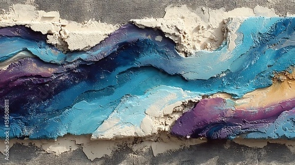 Fototapeta Freeform acrylic strips painted on a deep grunge wall with wave dynamics and rough fabric backdrop