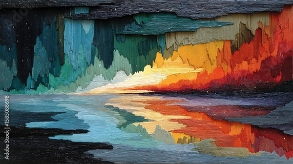 Fototapeta Color stream composition with dripping acrylics and wavy lines layered on canvas in blackwashed setting