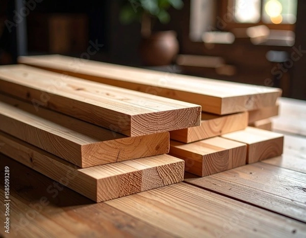 Obraz Stack of wooden planks on rustic workbench in carpentry workshop