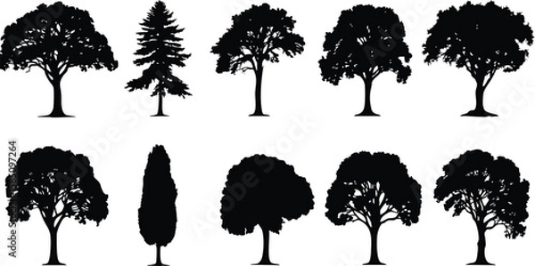 Fototapeta Black silhouette collection of different tree types with diverse shapes, perfect for natural scenery, forest backgrounds, and landscape art.