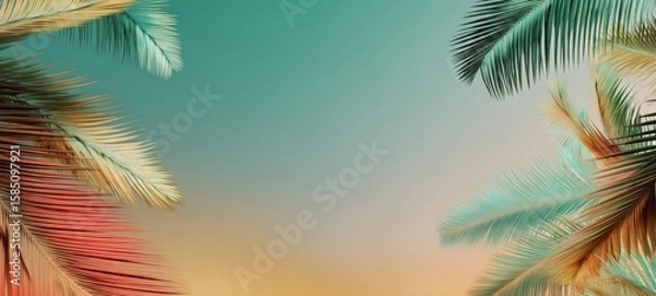 Fototapeta The tranquil beauty of palm trees against a dreamy sunset sky.