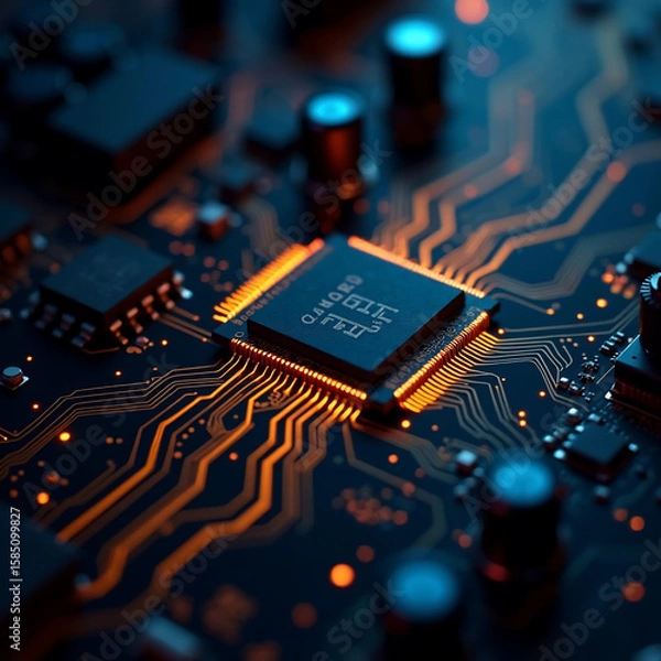Fototapeta Detailed close-up of a smart contract microchip mounted on a motherboard, glowing contract code lines, gold traces, crypto tech interface, dark macro style, no people or animals