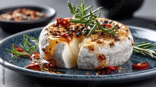 Fototapeta Cured goat cheese served on rustic plate with spices and herbs in a top view display for a delightful Spanish appetizer experience